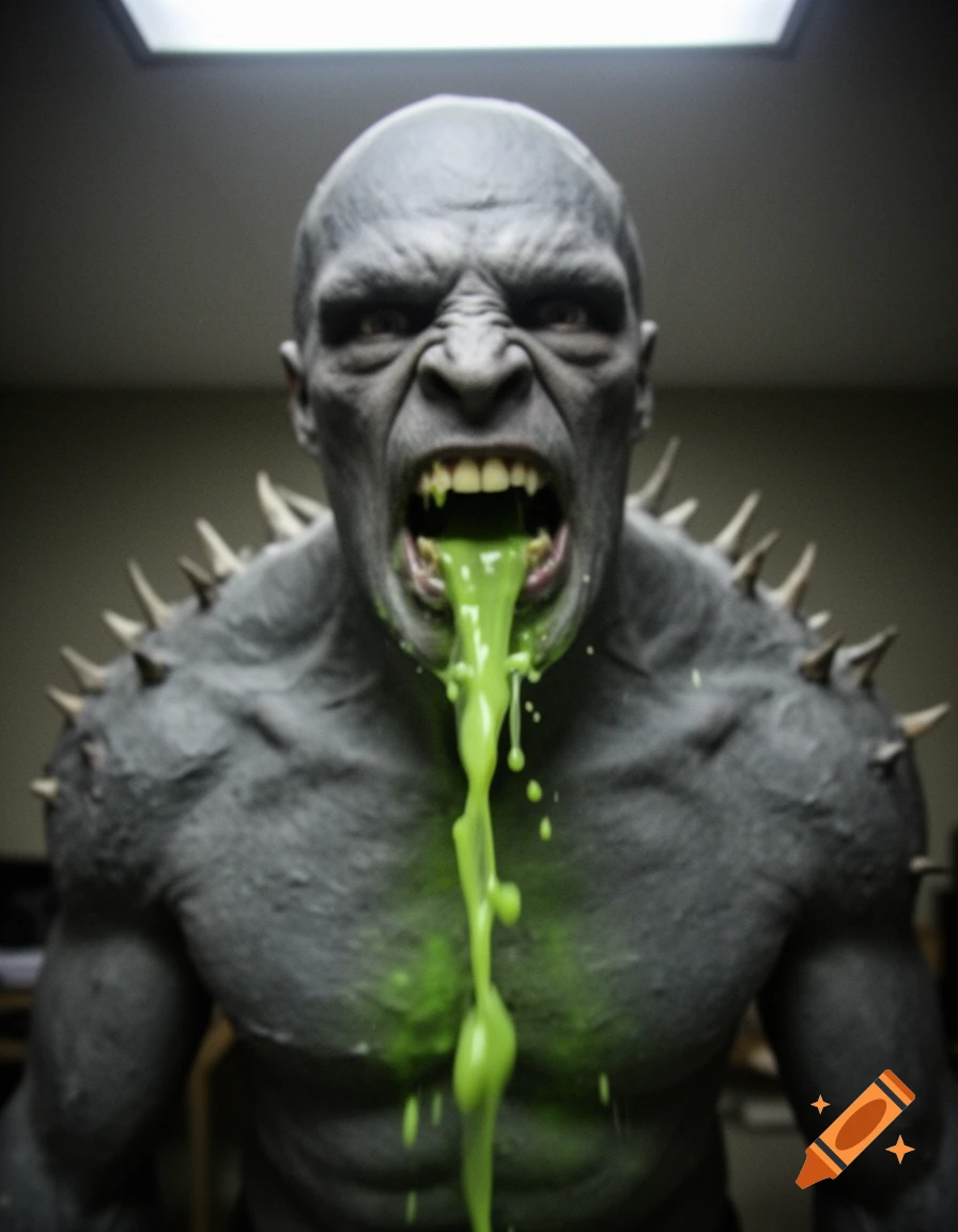 Webcam photo of a menacing gray humanoid monster with spikes on its back spitting green goo.