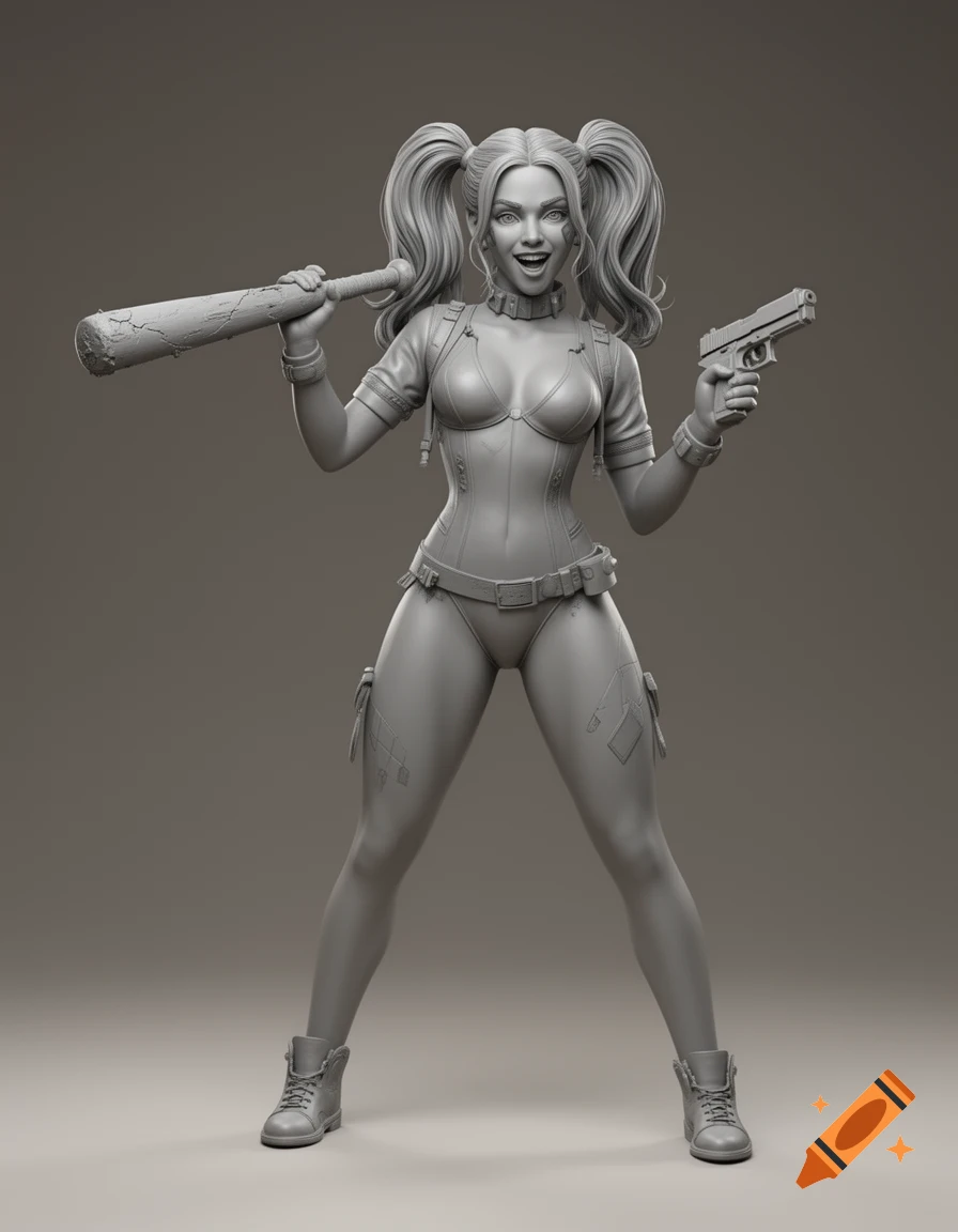 Monochrome 3D ZBrush clay sculpt of Harley Quinn action figure with pigtails holding a baseball bat and pistol.