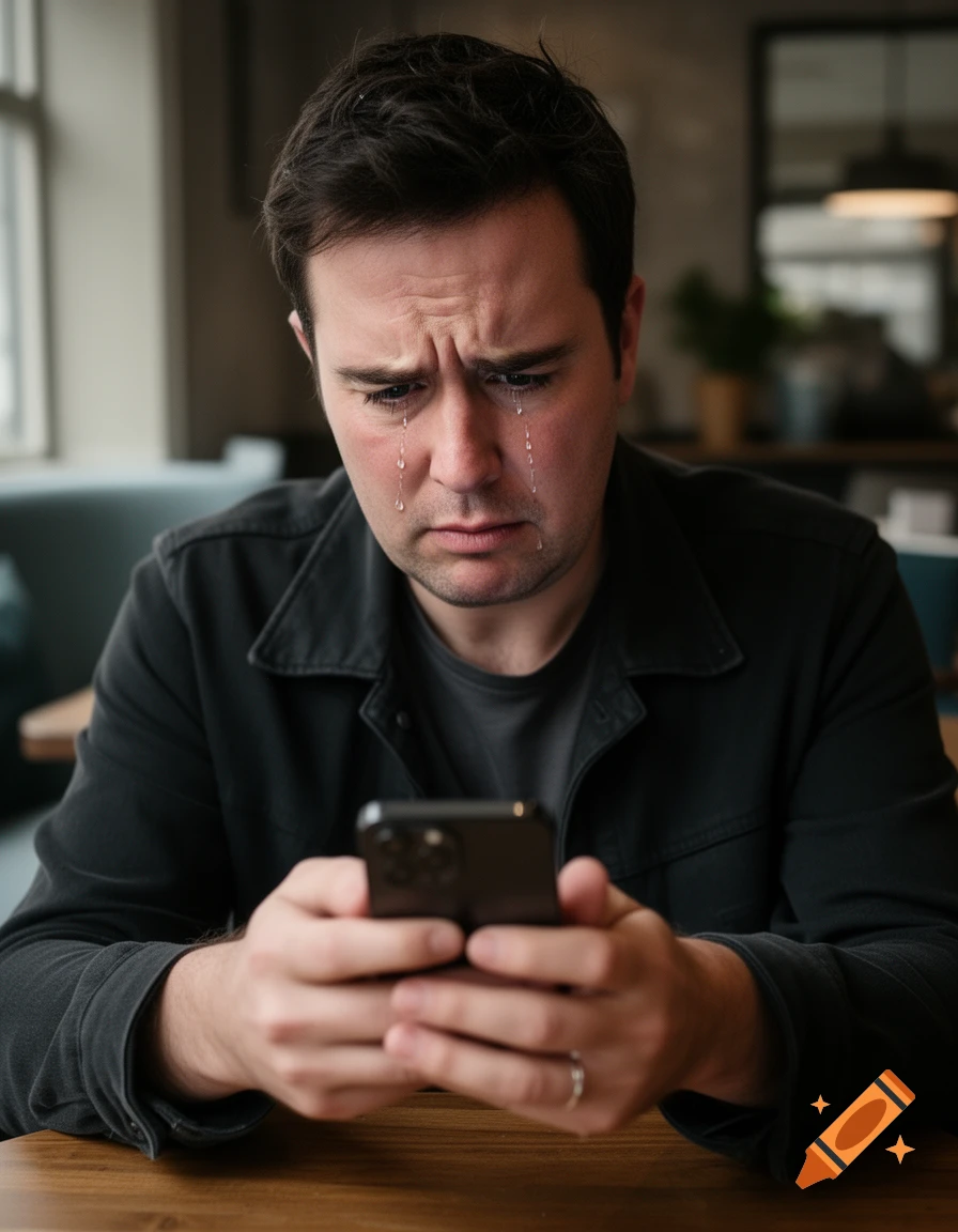 Photorealistic portrait of a man looking sadly at his smartphone with tears streaming down his face in a dimly lit setting.