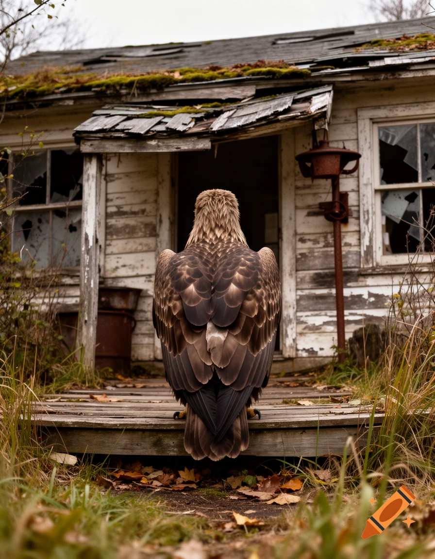 Photorealistic back view of an eagle perched on the wooden porch of an abandoned, weathered house.