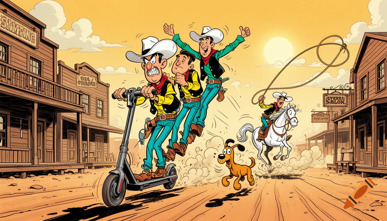 Comic illustration of the Dalton brothers riding an e-scooter in a western town, chased by Lucky Luke on a horse.