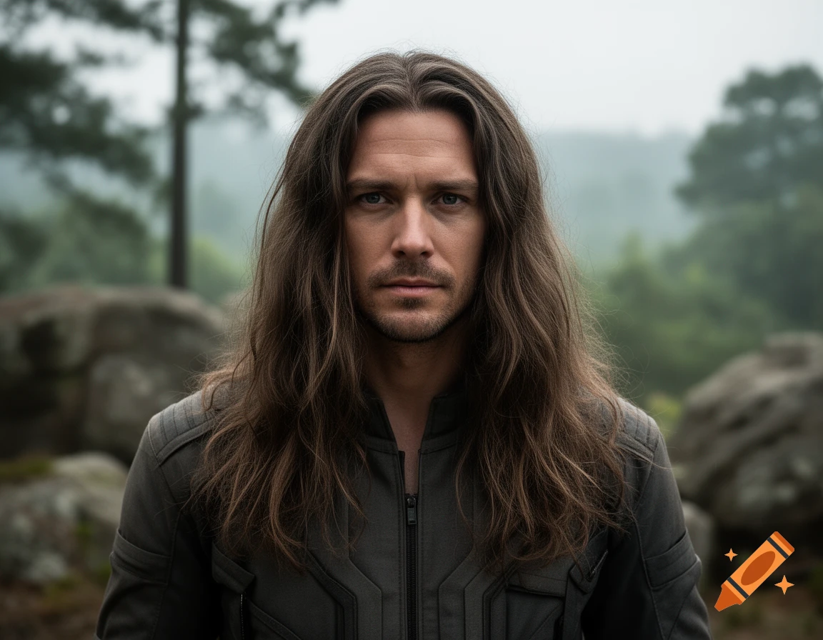 Photorealistic portrait of a man with long brown hair and a dark jacket outdoors in a misty forest.