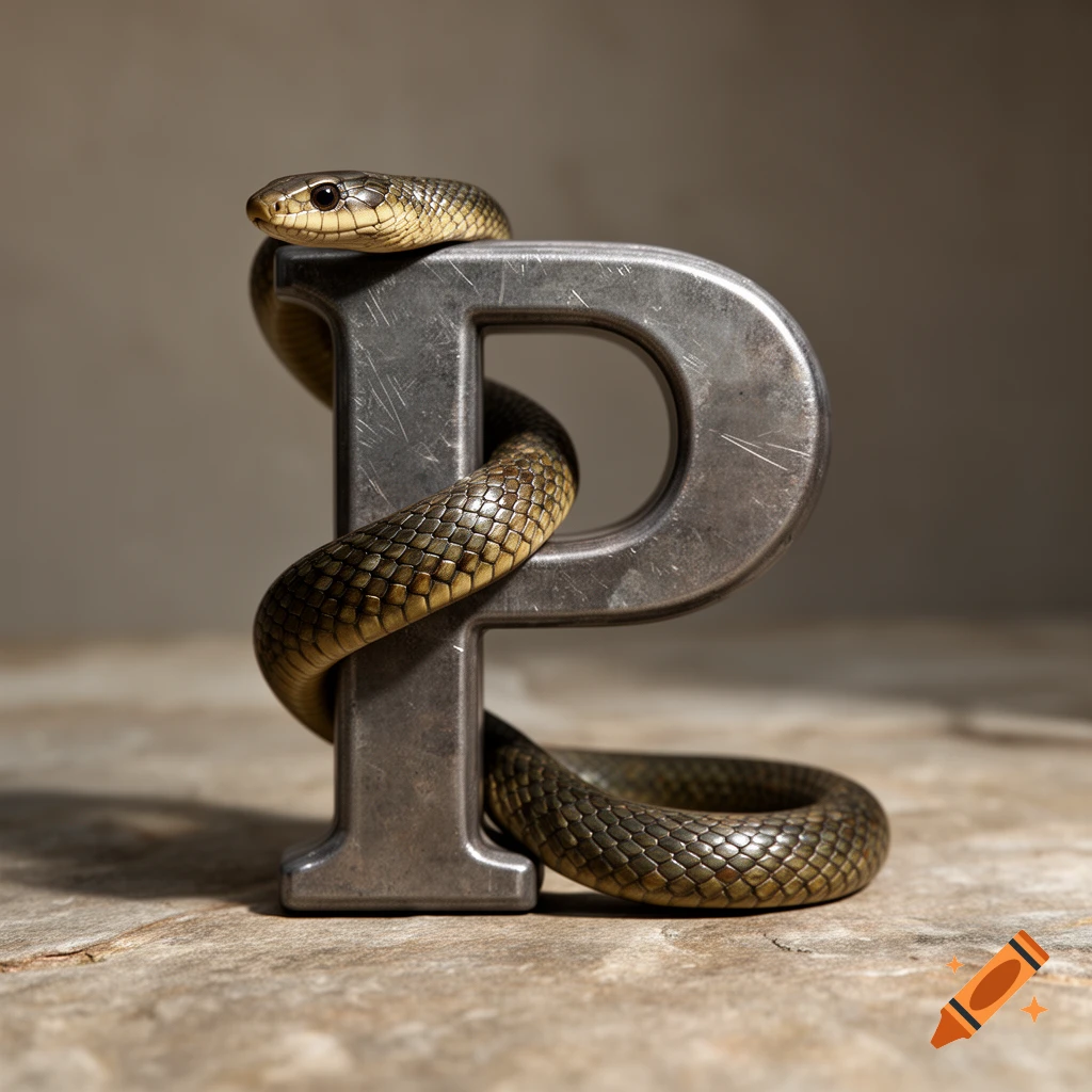 Photorealistic image of a snake coiled around a large metallic letter P on a stone surface.