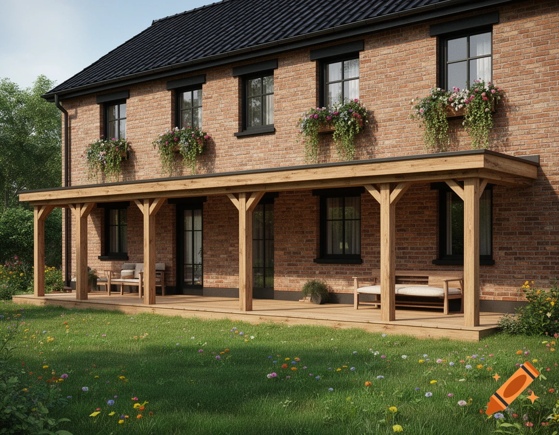 Photorealistic two-story red brick house with a wooden patio, black roof tiles, and flower boxes on upper windows.