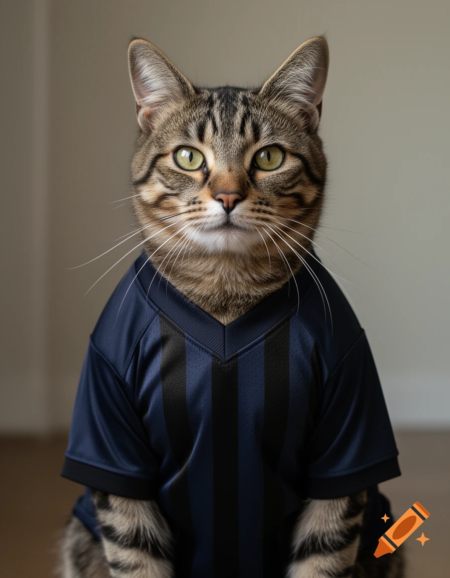Photorealistic close-up portrait of a tabby cat wearing a dark blue and black striped football jersey.