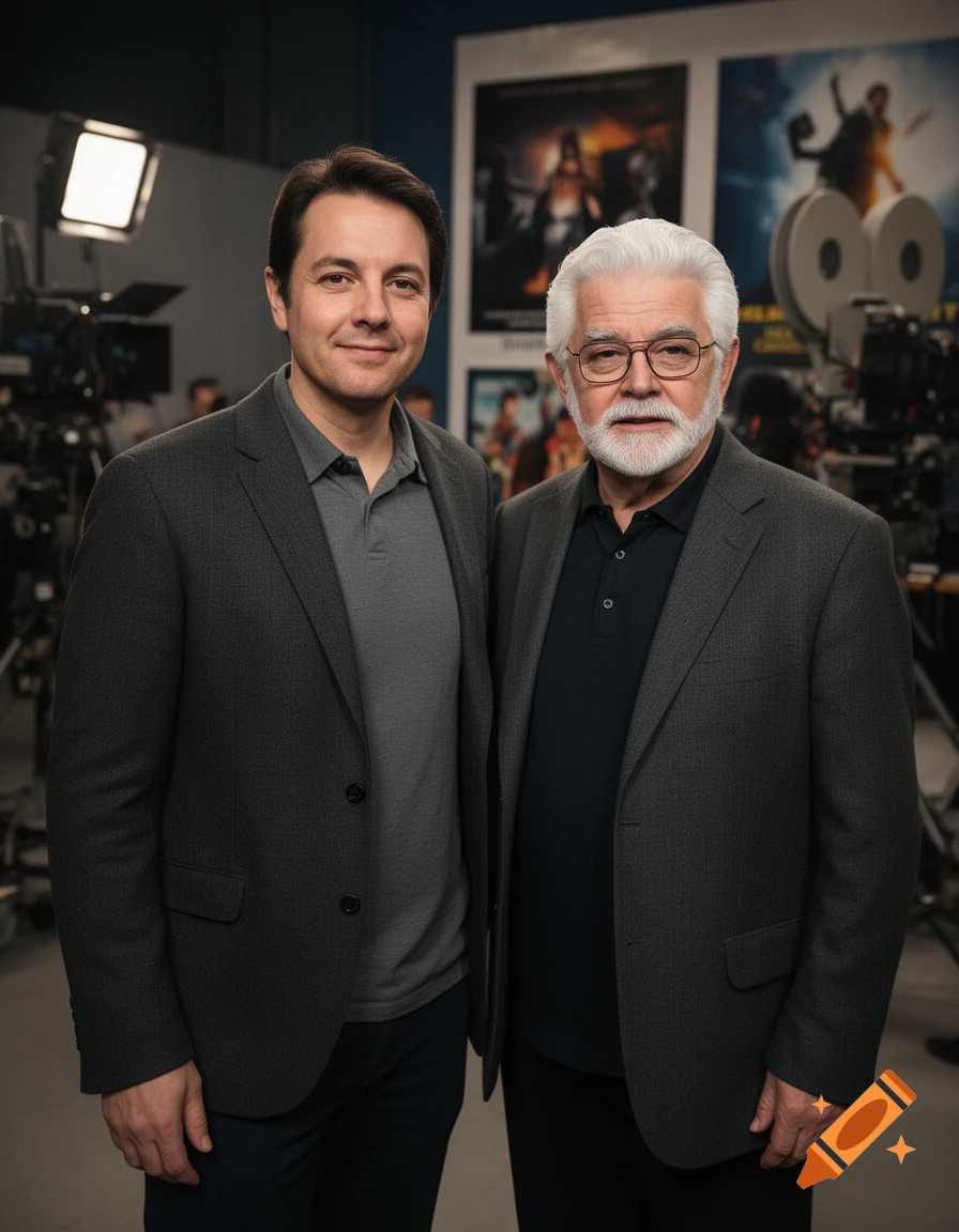 Photorealistic portrait of a man standing next to George Lucas in a film studio setting.
