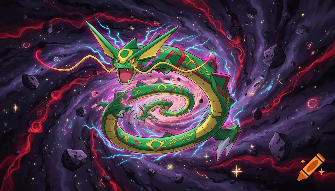 Cartoon style illustration of Mega Rayquaza flying through an endless cosmic galaxy filled with nebulas, lightning, and asteroids.