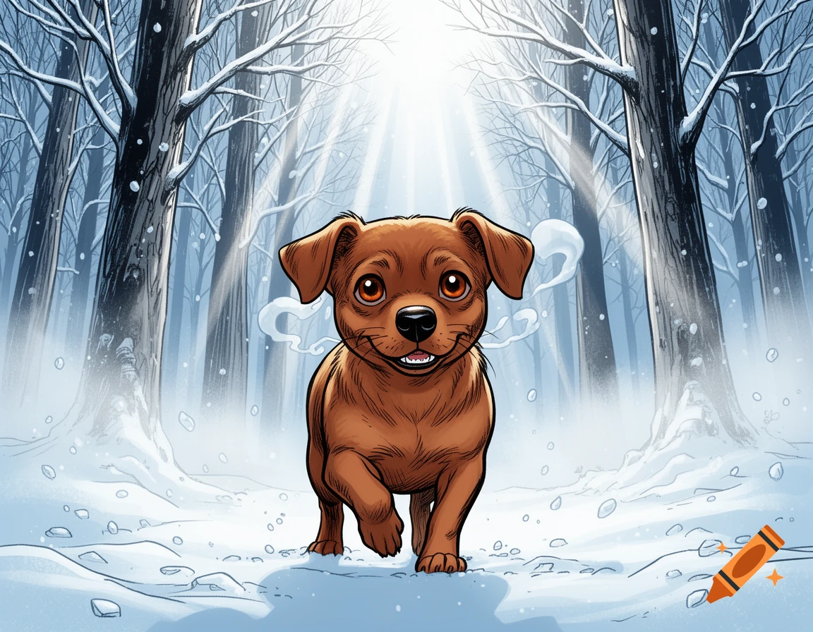Comic book style illustration of a small brown puppy running through a snowy forest under bright sunlight.