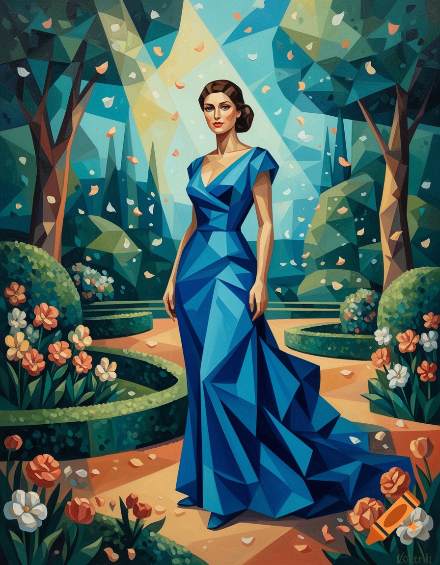Cubist style painting of a woman in a blue gown standing in a colorful garden with flowers and trees.