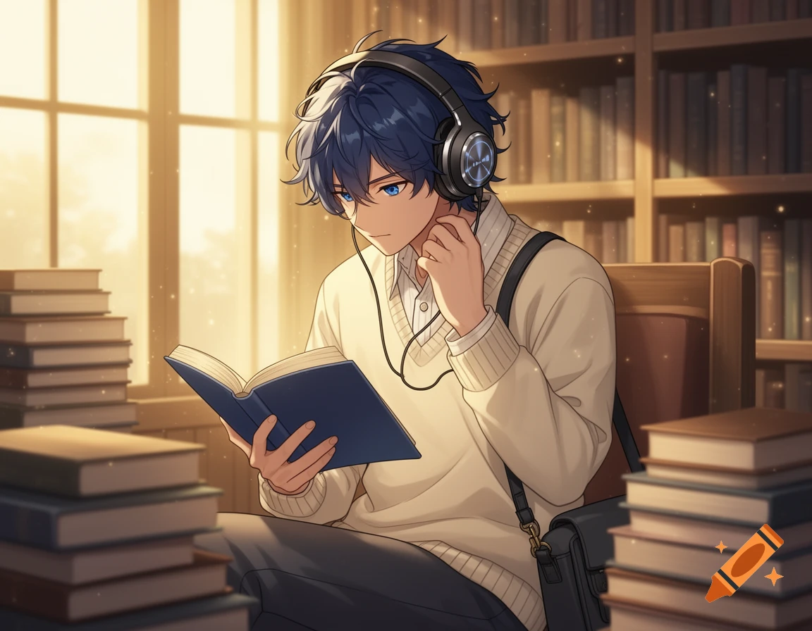 Anime boy with blue hair wearing headphones and a white sweater while reading a book in a library, sunny window light.