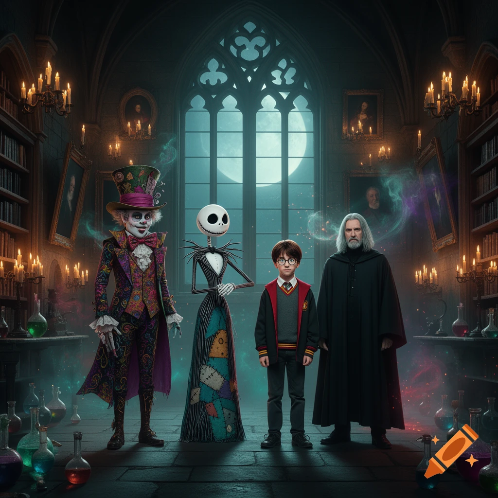 Crossover digital art featuring Mad Hatter, Jack Skellington, Harry Potter, and Severus Snape in a gothic castle hall.