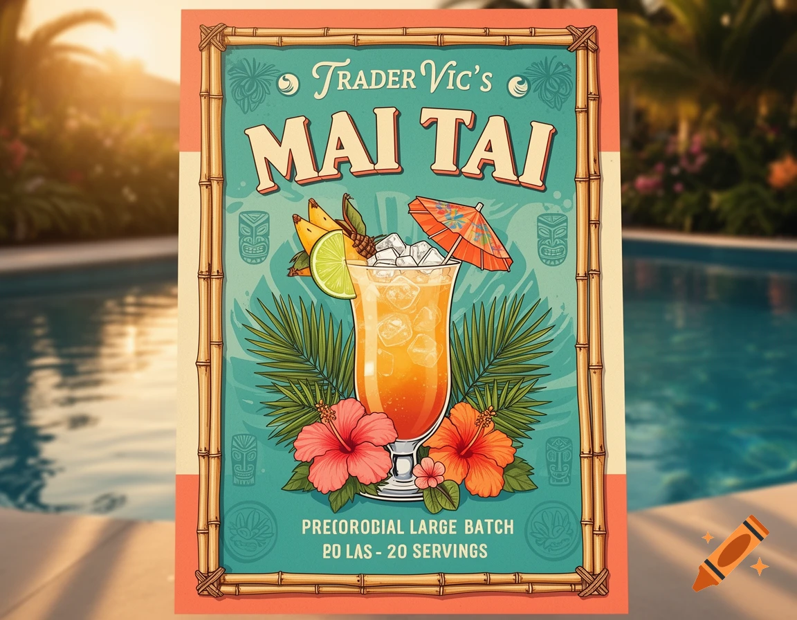 Retro tiki-style menu board for Trader Vic's Mai Tai featuring a cocktail, tropical flowers, and bamboo borders.