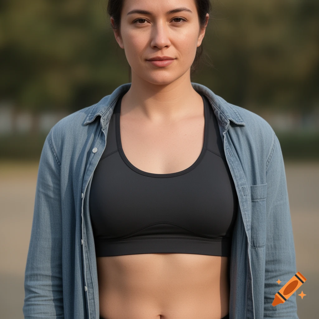 Photorealistic medium shot of a woman wearing a black sports bra and an open light-blue denim shirt outdoors.