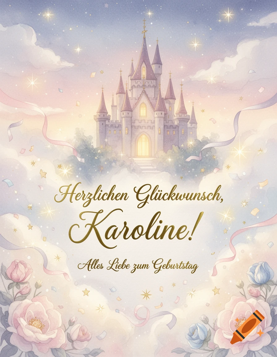 Disney-inspired watercolor birthday greeting card featuring a magical castle in the clouds, golden lettering, and pastel roses.