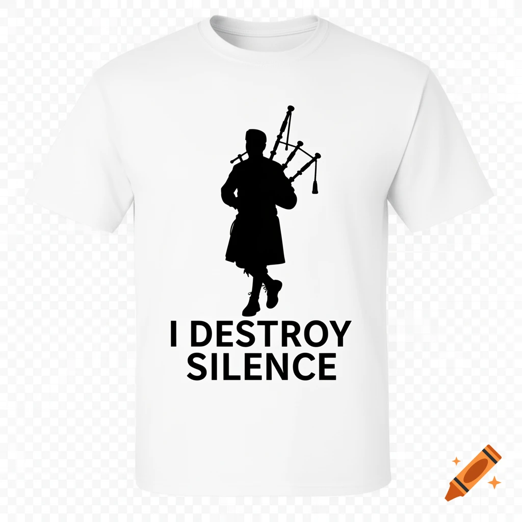 White t-shirt featuring a black silhouette of a bagpiper and the text I DESTROY SILENCE.