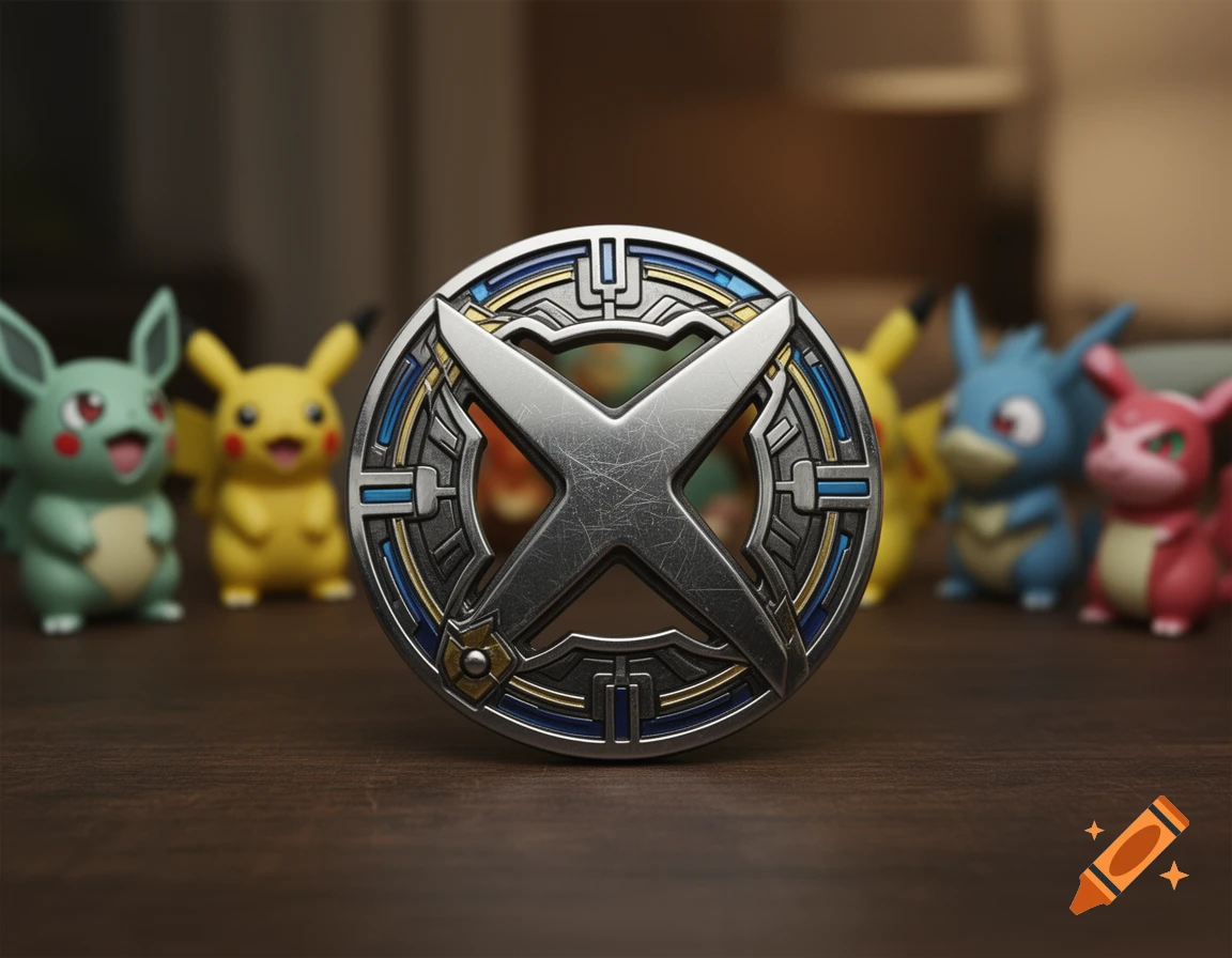 Close-up of a metallic medallion with an X emblem, flanked by stylized Pokémon figurines on a wooden table.
