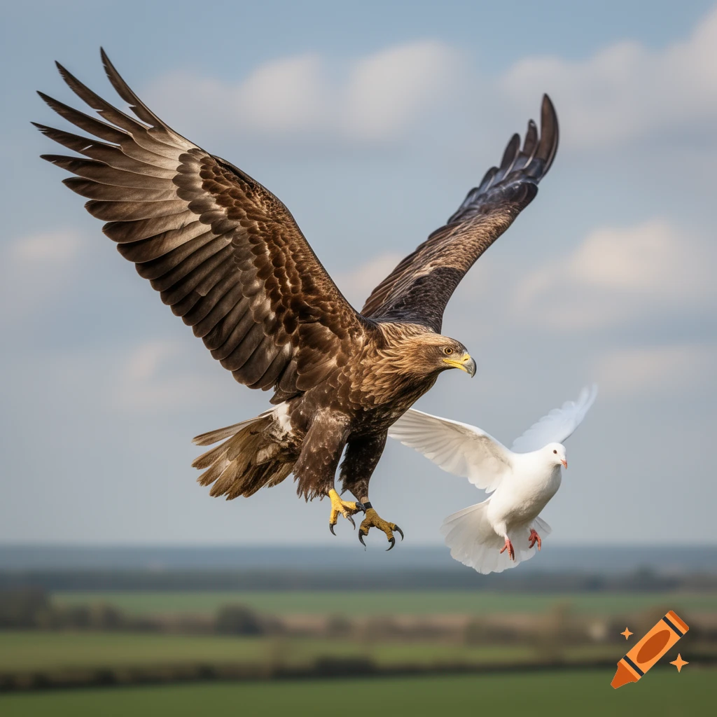 Photorealistic image of a brown eagle attacking a white dove in flight against a cloudy blue sky and green landscape.