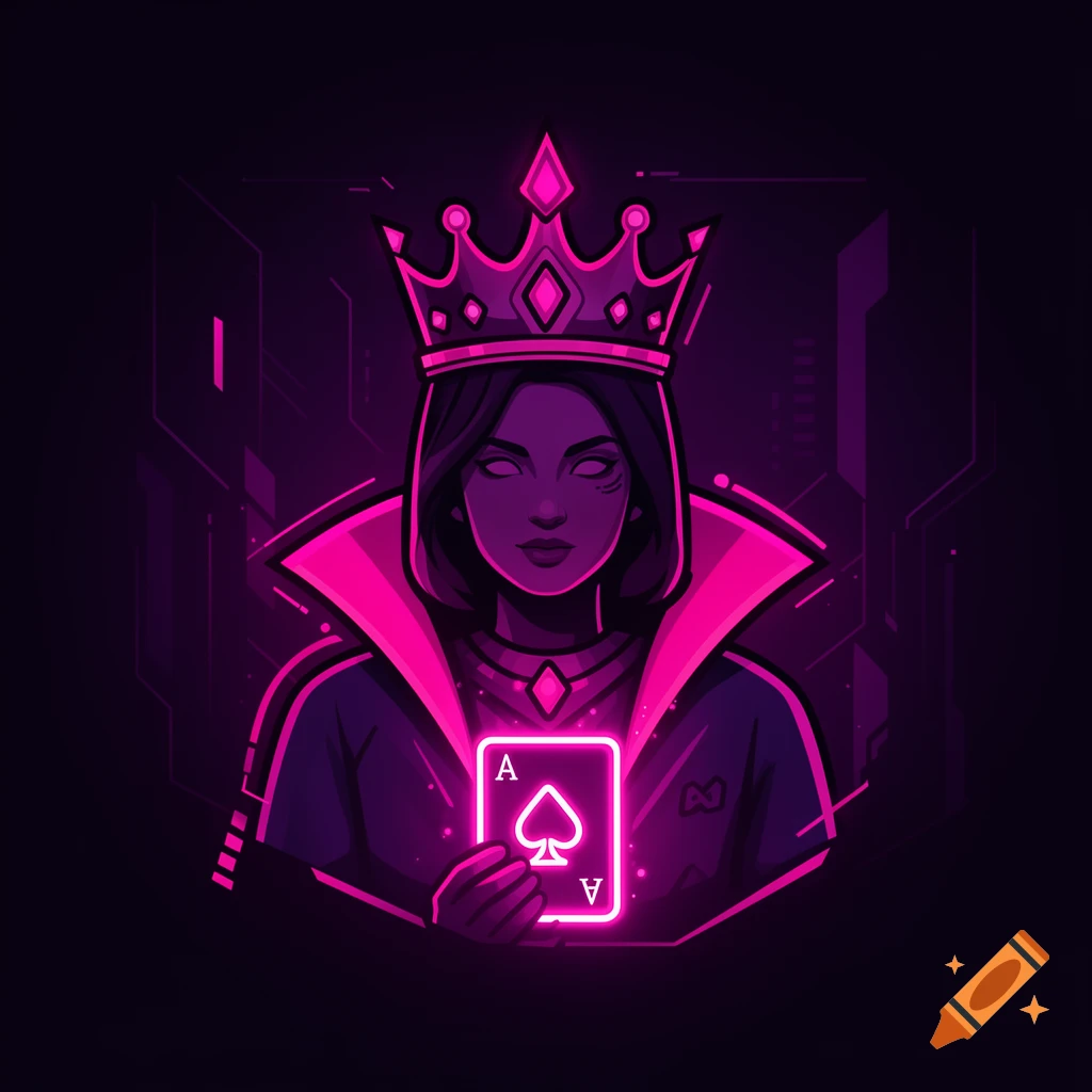 Neon glowing 3D icon of a stylized queen wearing a crown and holding an ace card in cyberpunk style.