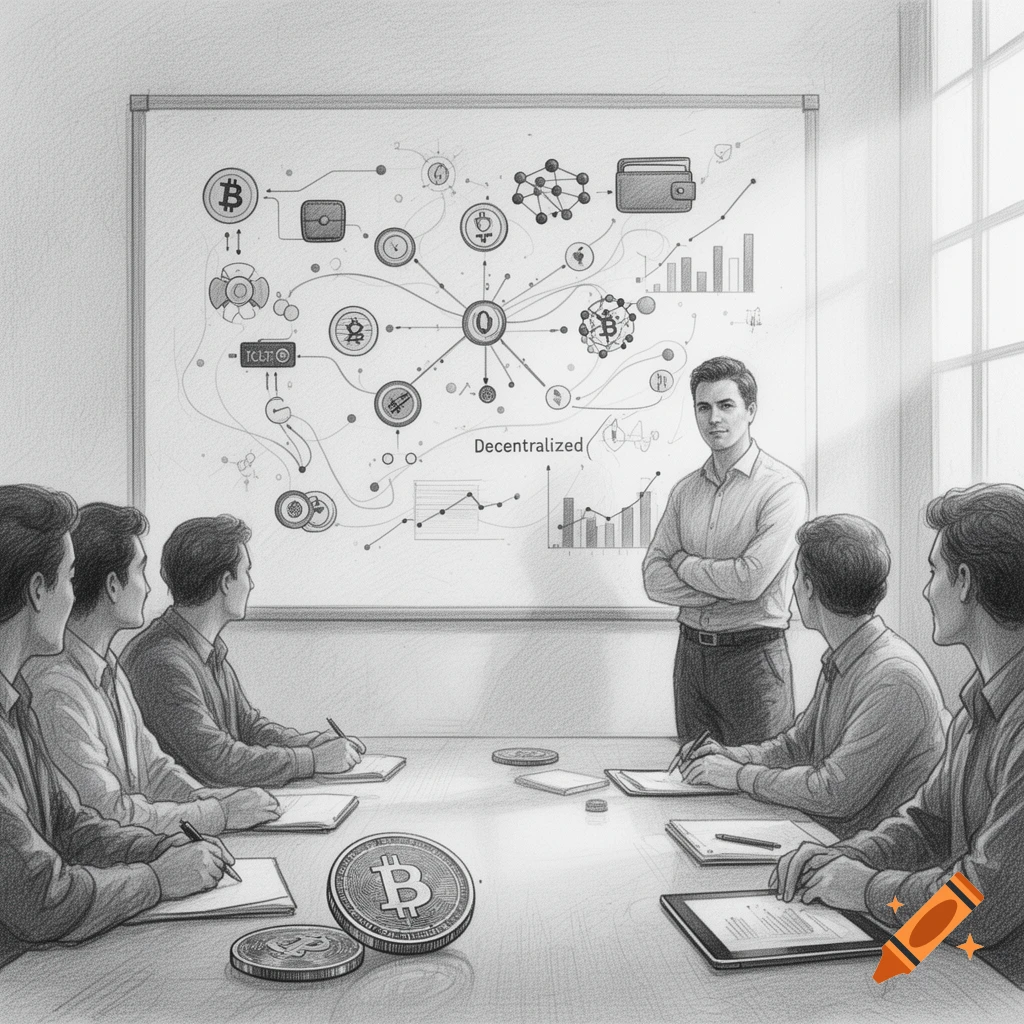 Pencil sketch of a business presentation about cryptocurrency with a speaker and attendees in a meeting room.