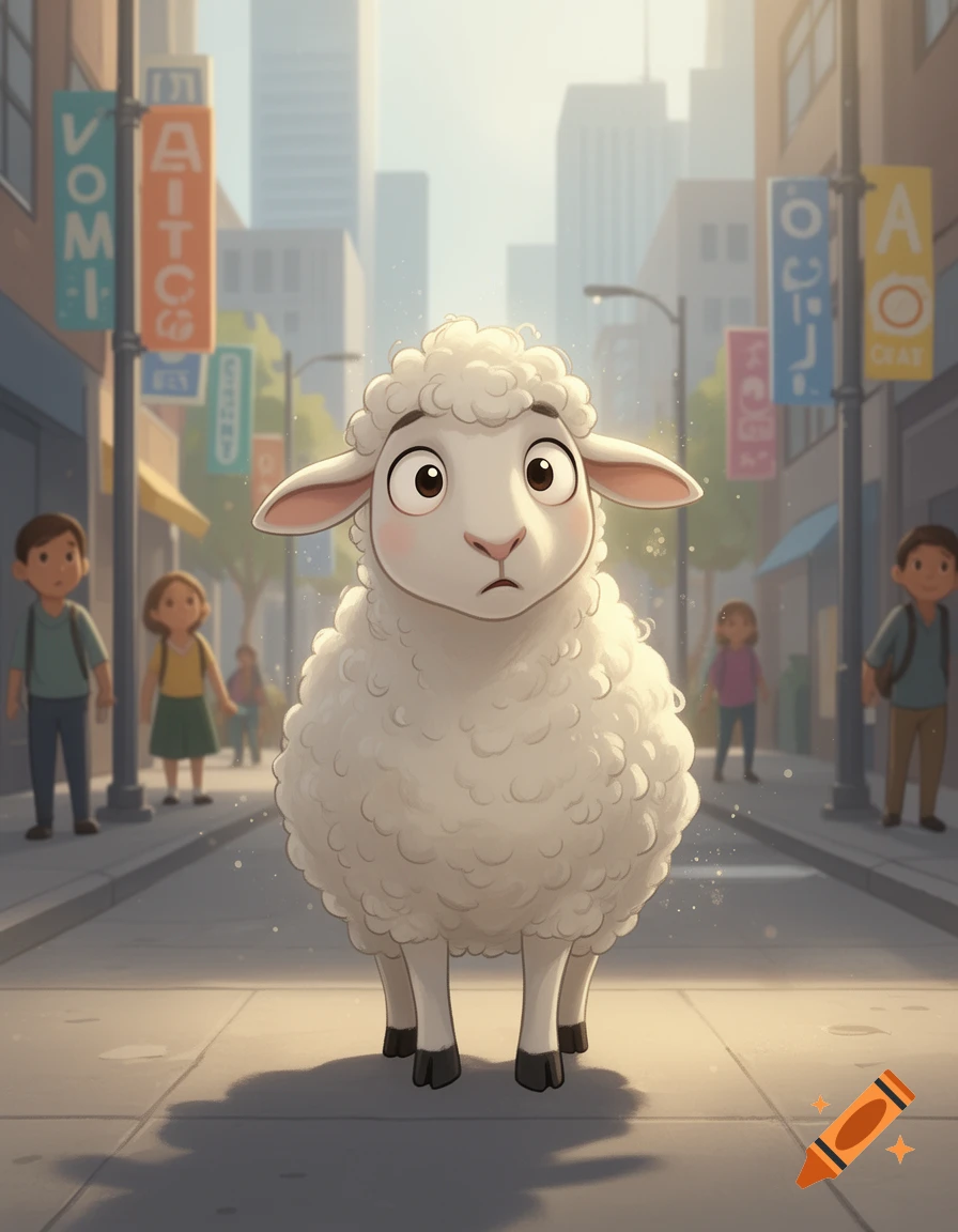 A confused cartoon sheep standing in the middle of a city street surrounded by blurred pedestrians and buildings.