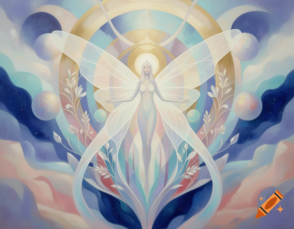 An Agnes Pelton style painting of a glowing faerie with large translucent wings surrounded by celestial shapes and pastel clouds.