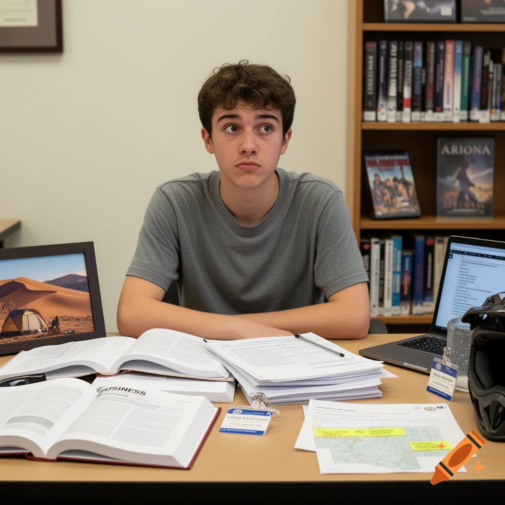 A young man sitting at a desk covered in textbooks, study notes, a laptop, and a framed picture of a desert landscape.