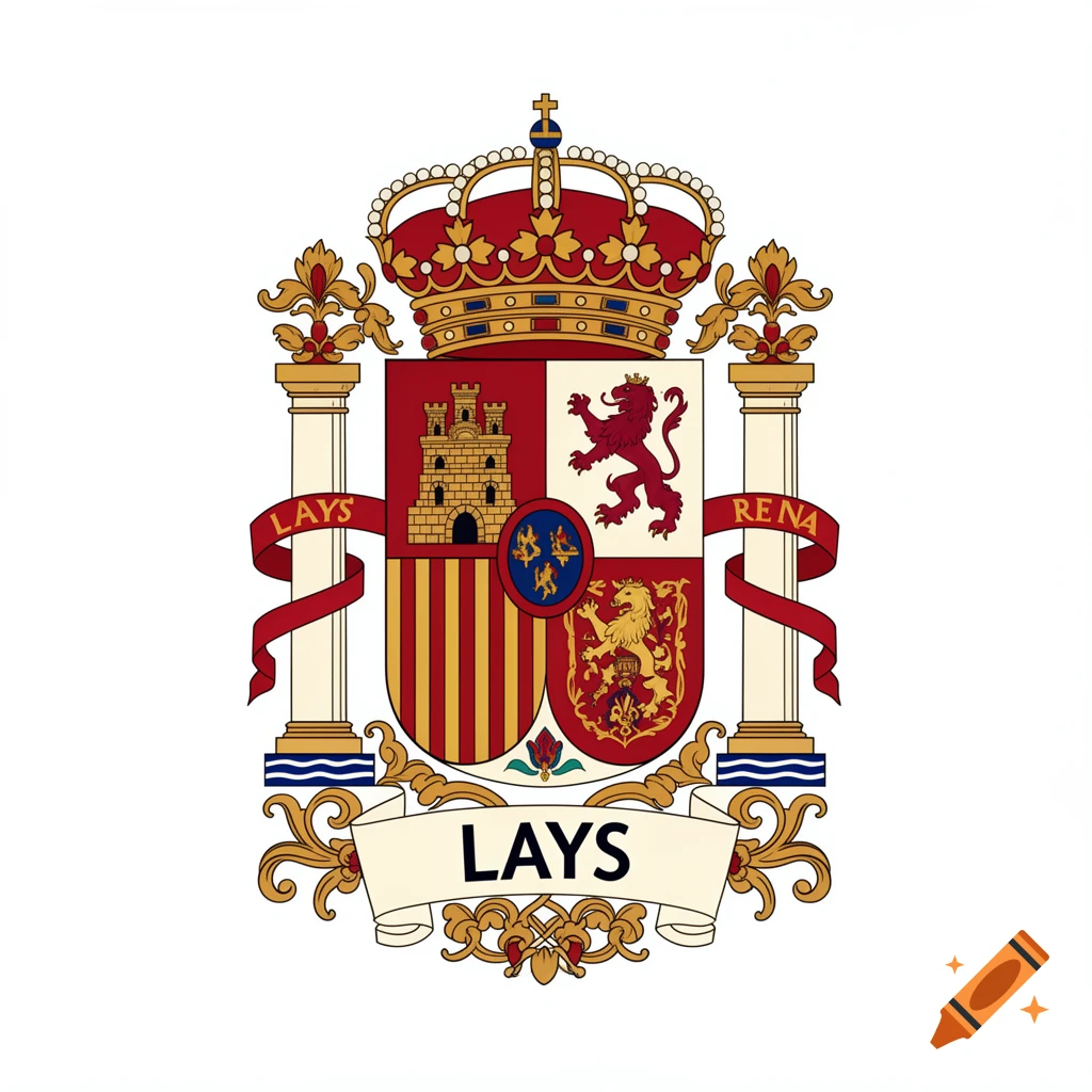 A parody coat of arms of Spain featuring the word LAYS on a banner and pillars.