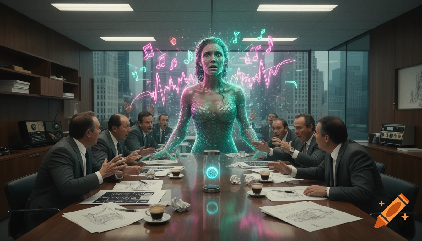 cinematic wide shot of panicked executives in a boardroom reacting to a giant holographic mermaid projection, mid-century modern setting