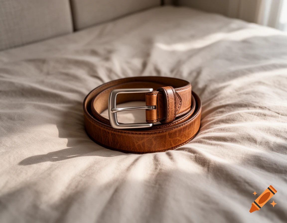A brown leather belt coiled neatly on a light-colored fabric surface.