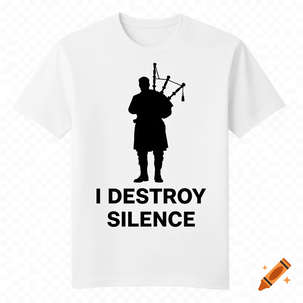 White t-shirt featuring a black silhouette of a bagpiper and the text 'I DESTROY SILENCE'.