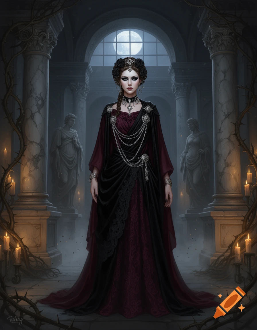 An ancient Roman noble lady in a goth style standing in a dark, moonlit stone hall surrounded by thorny vines and glowing candles.