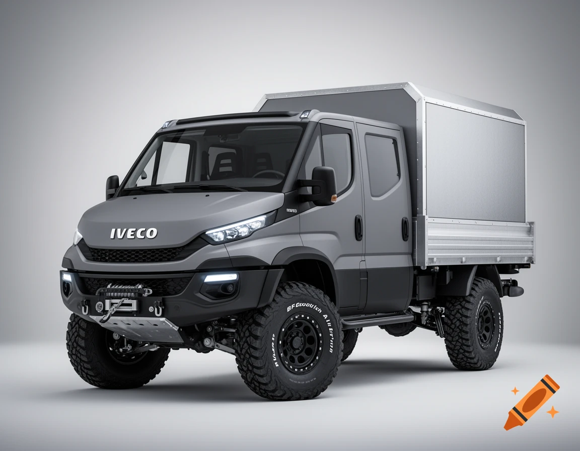Photorealistic 3D render of a grey IVECO Daily 4x4 heavy-duty off-road truck with a flatbed and canopy.