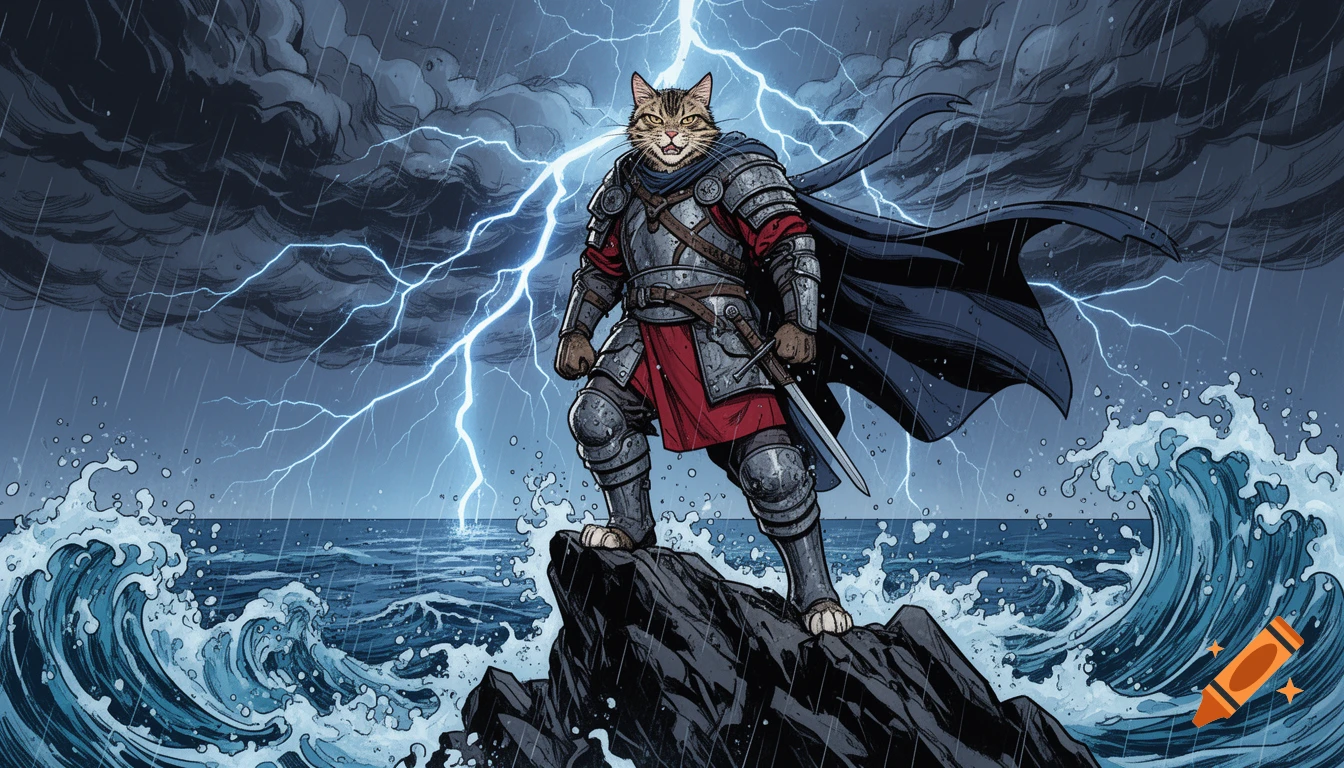 Comic-style illustration of a warrior cat in armor standing on a rock in the ocean during a thunderstorm.
