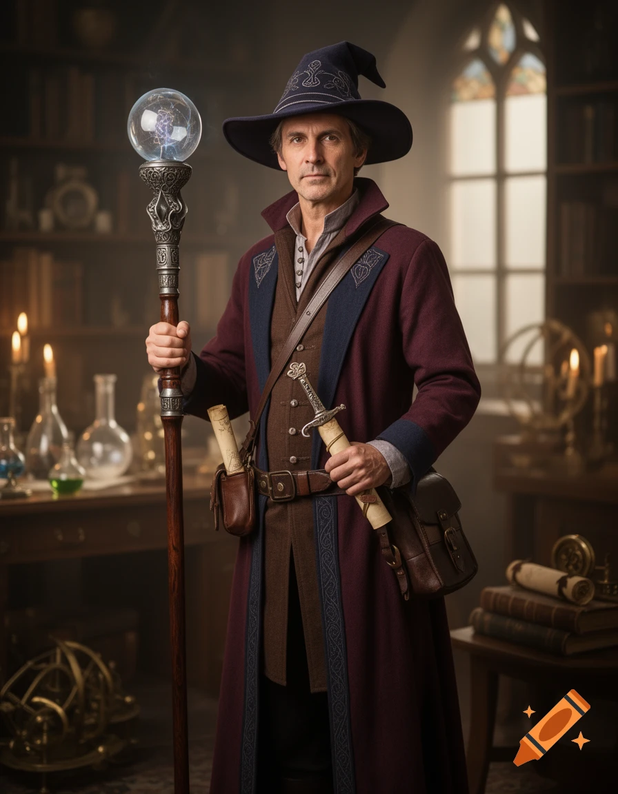 Photorealistic portrait of a middle-aged male illusionist wizard with brown hair holding a staff with a glowing crystal orb in a library.