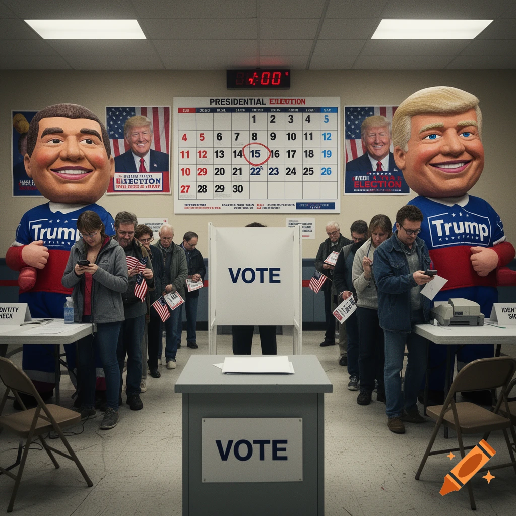 Satirical photo of people voting in line with giant Trump mascots and misspelled election posters.