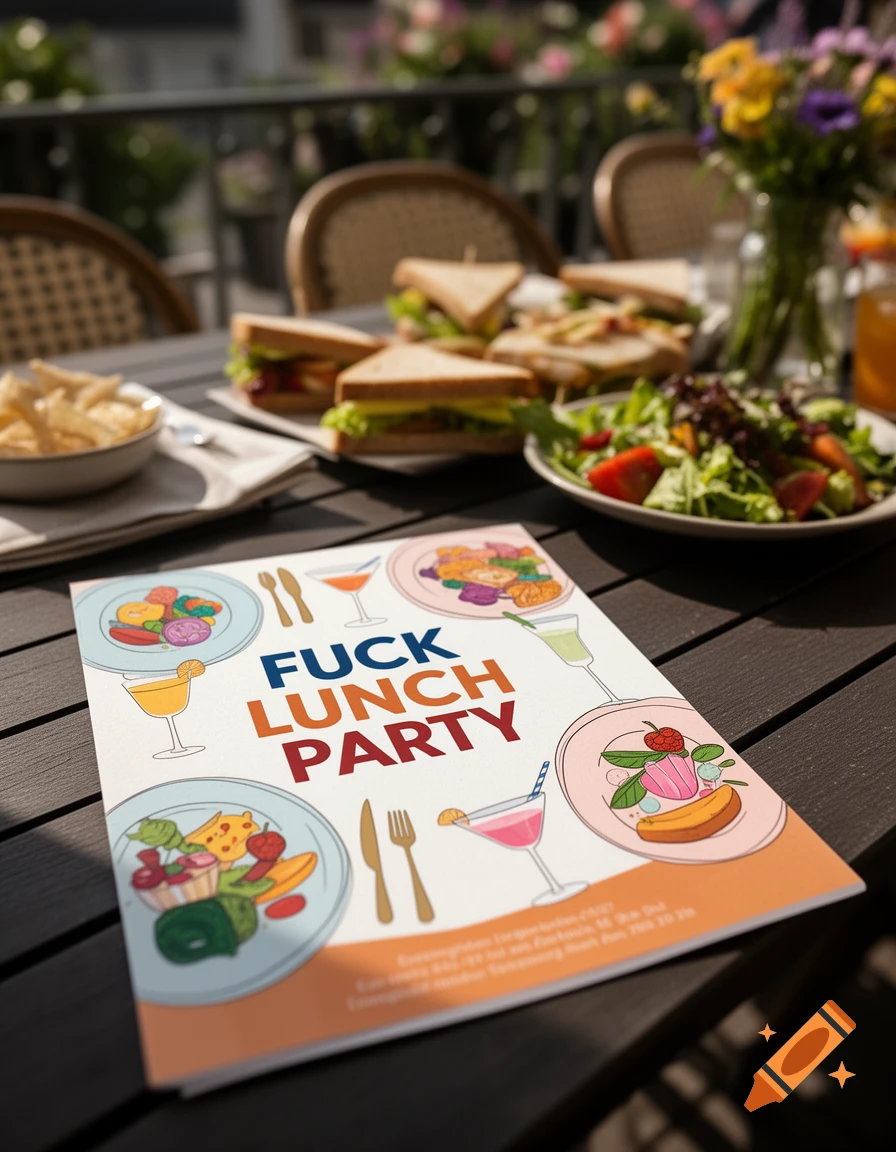 An invitation brochure for a 'Fuck Lunch Party' resting on an outdoor wooden table with sandwiches and salad.