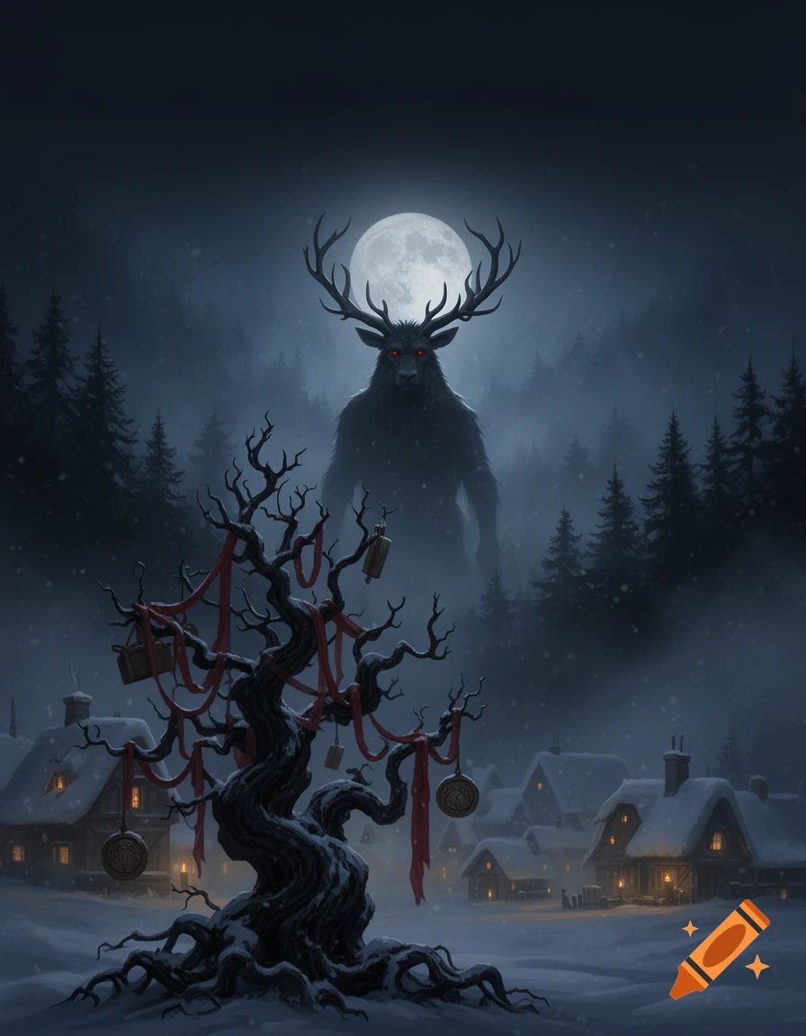 Dark fantasy winter night scene with a twisted black Christmas tree in the foreground and a large antlered beast in the background.