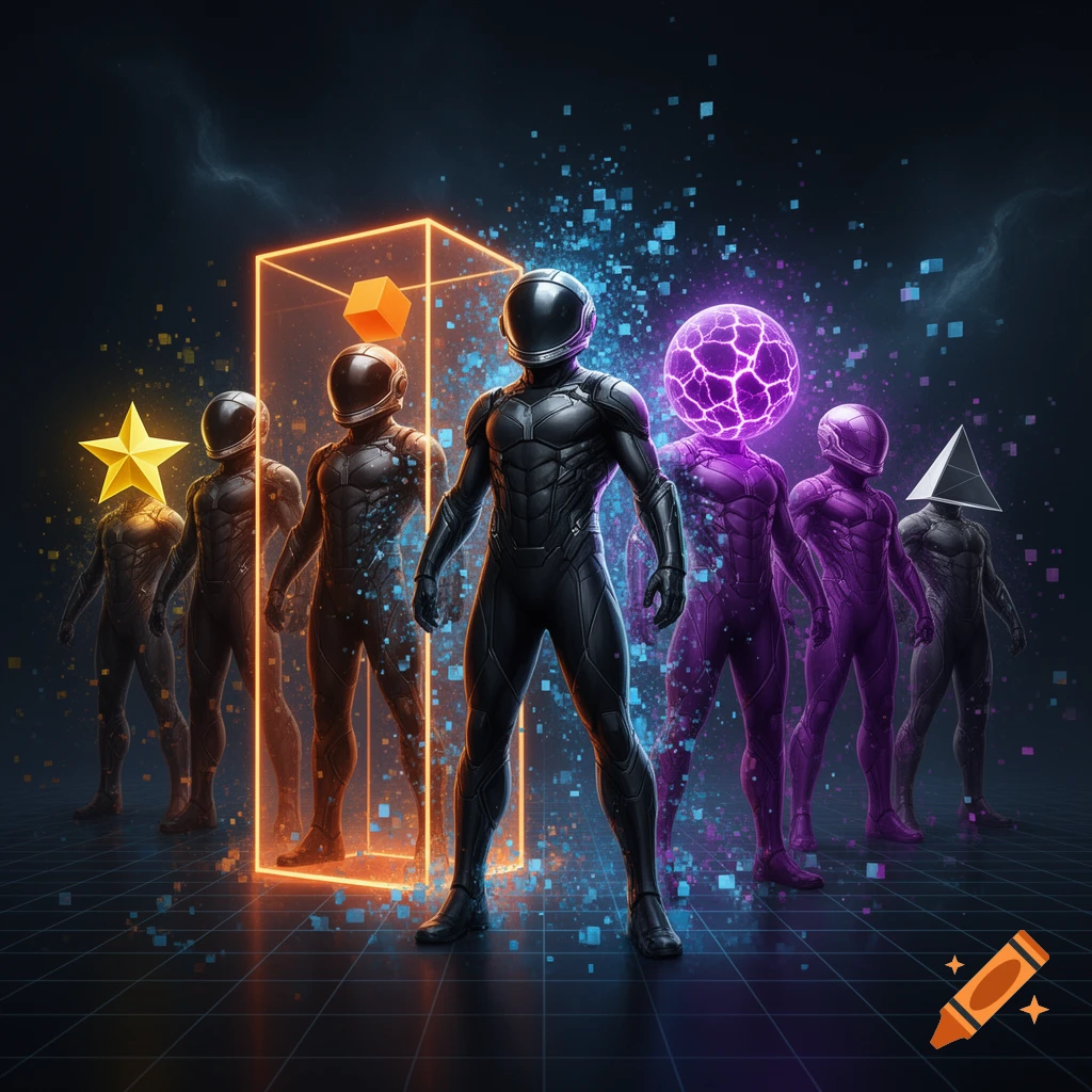 Futuristic superheroes in black space suits standing in a grid-patterned room with glowing geometric shapes, digital style.