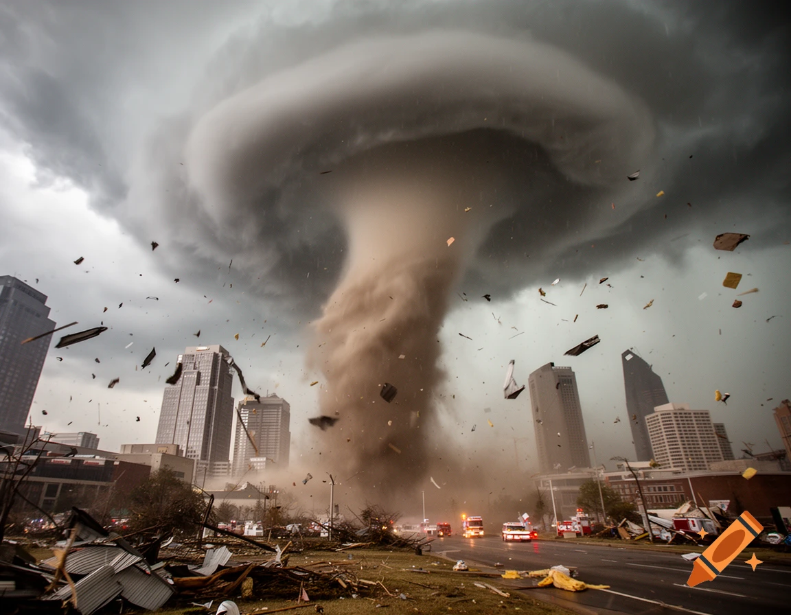 Photorealistic image of a massive wedge tornado looming over a city street with debris flying through the air.