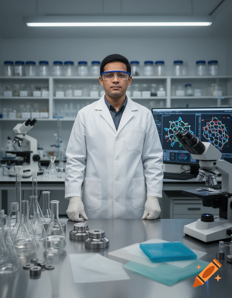 A photorealistic medium shot of a male scientist in a white lab coat and safety goggles standing in a laboratory with glassware and a microscope.