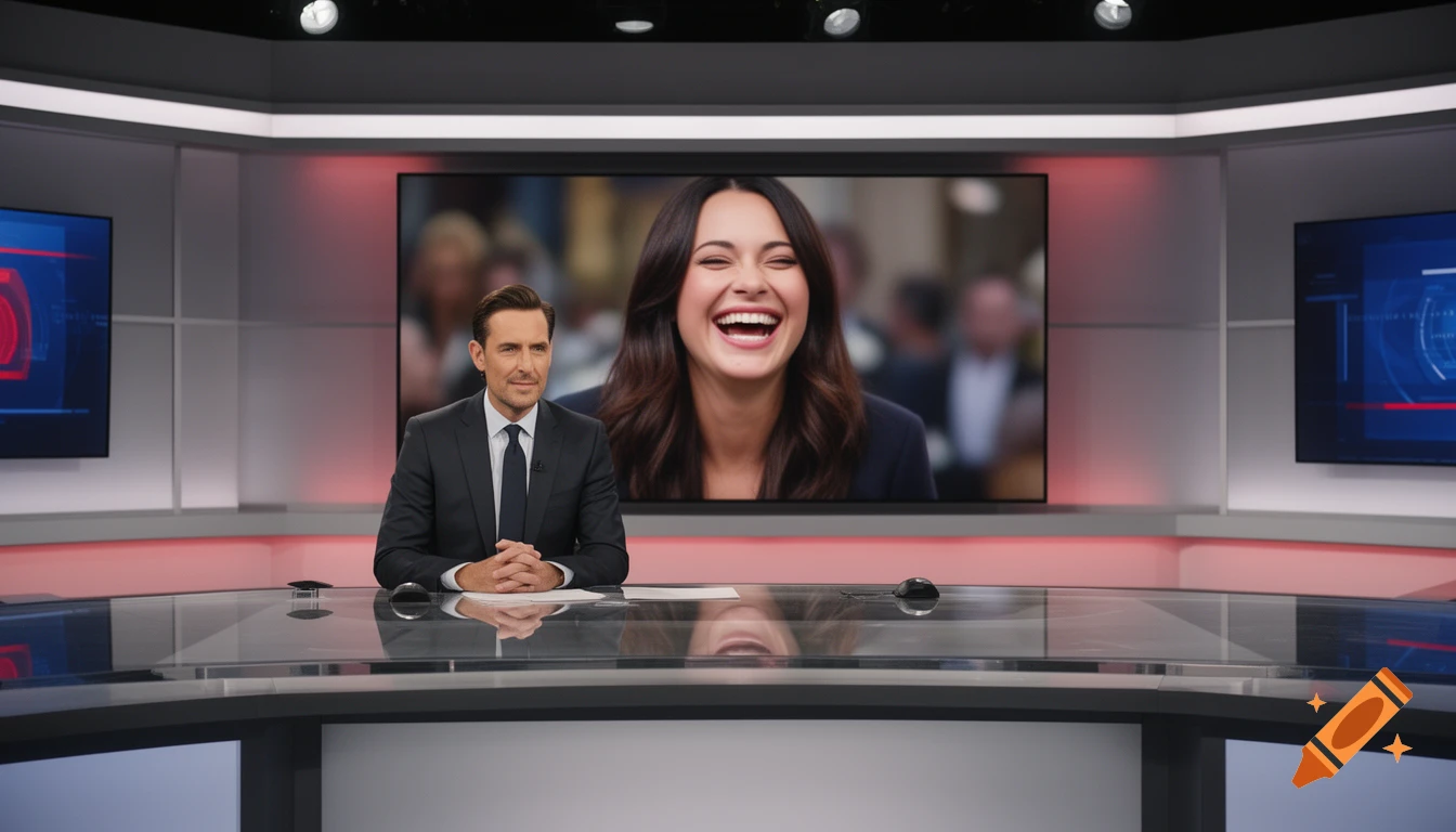 A male news anchor sits at a studio desk with a large screen behind him showing a laughing woman resembling Mila Kunis.