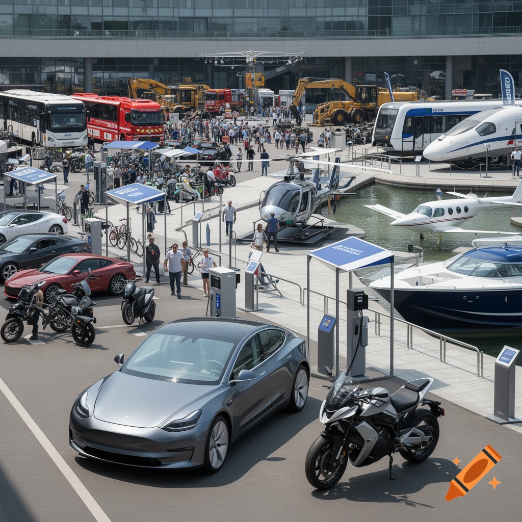 A large transport and automotive exhibition showcasing cars, buses, a train, boats, a helicopter, and motorcycles.