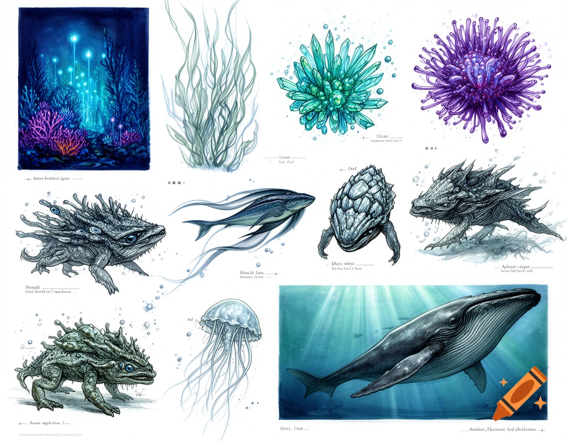 Sketchbook page featuring illustrations of alien ocean flora and fauna, including bioluminescent plants, crystalline structures, and strange creatures in watercolor style.