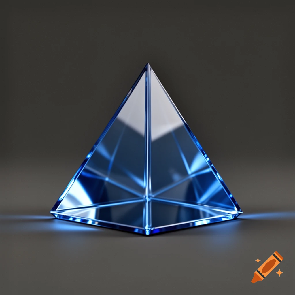 A 3D studio shot of a translucent blue glass tetrahedron on a dark gray background with soft reflections.