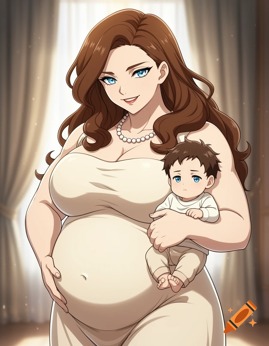 Digital anime illustration of a tall pregnant woman in a white dress holding a baby boy.