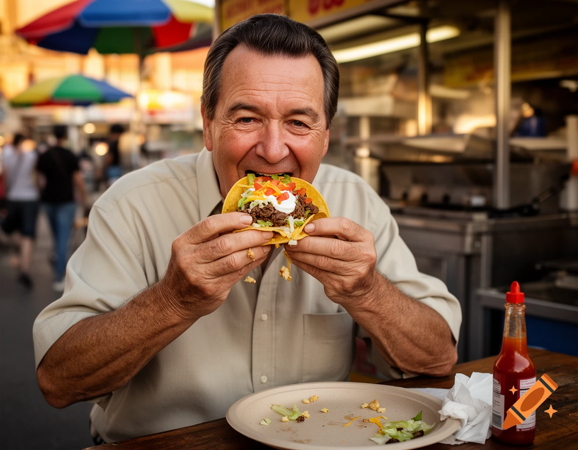 Photorealistic image of a man eating a taco at an outdoor food stall.