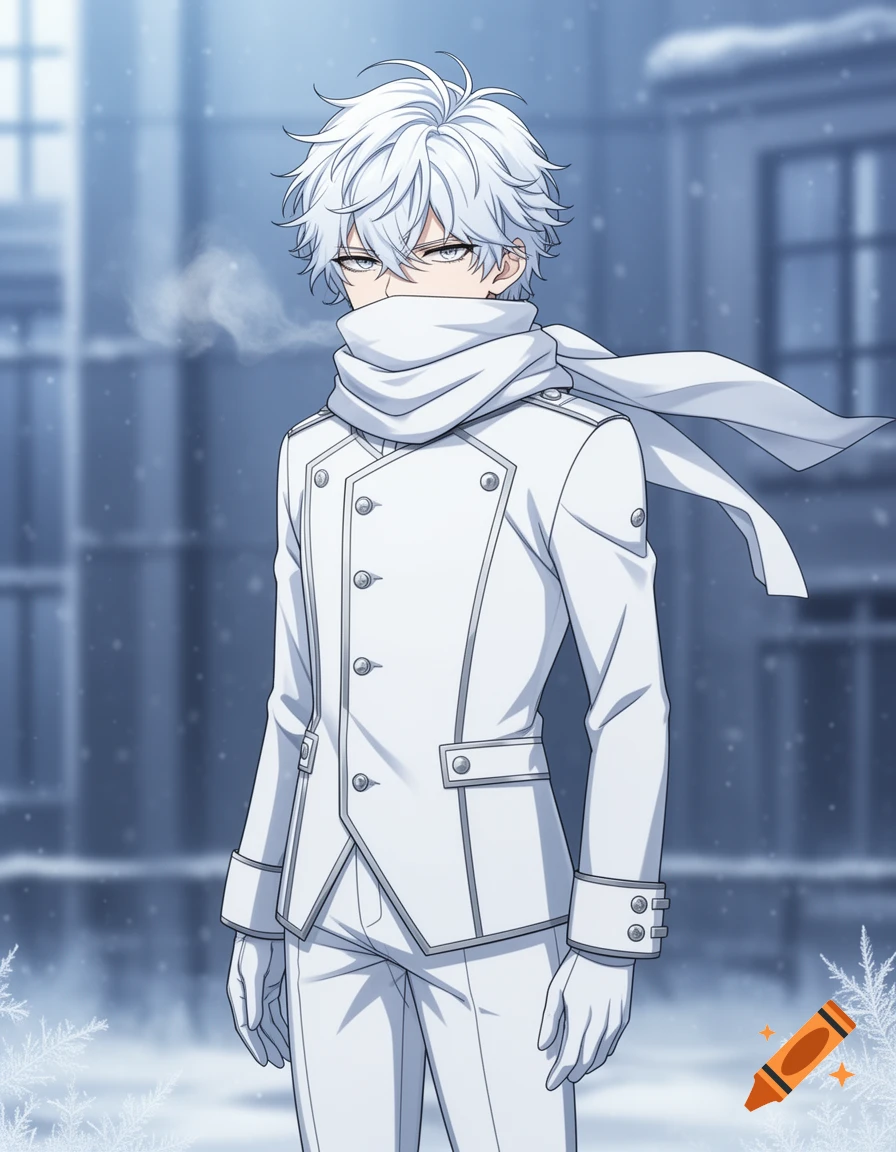 Anime boy with white hair and a white scarf covering his mouth, standing outside in the snow.