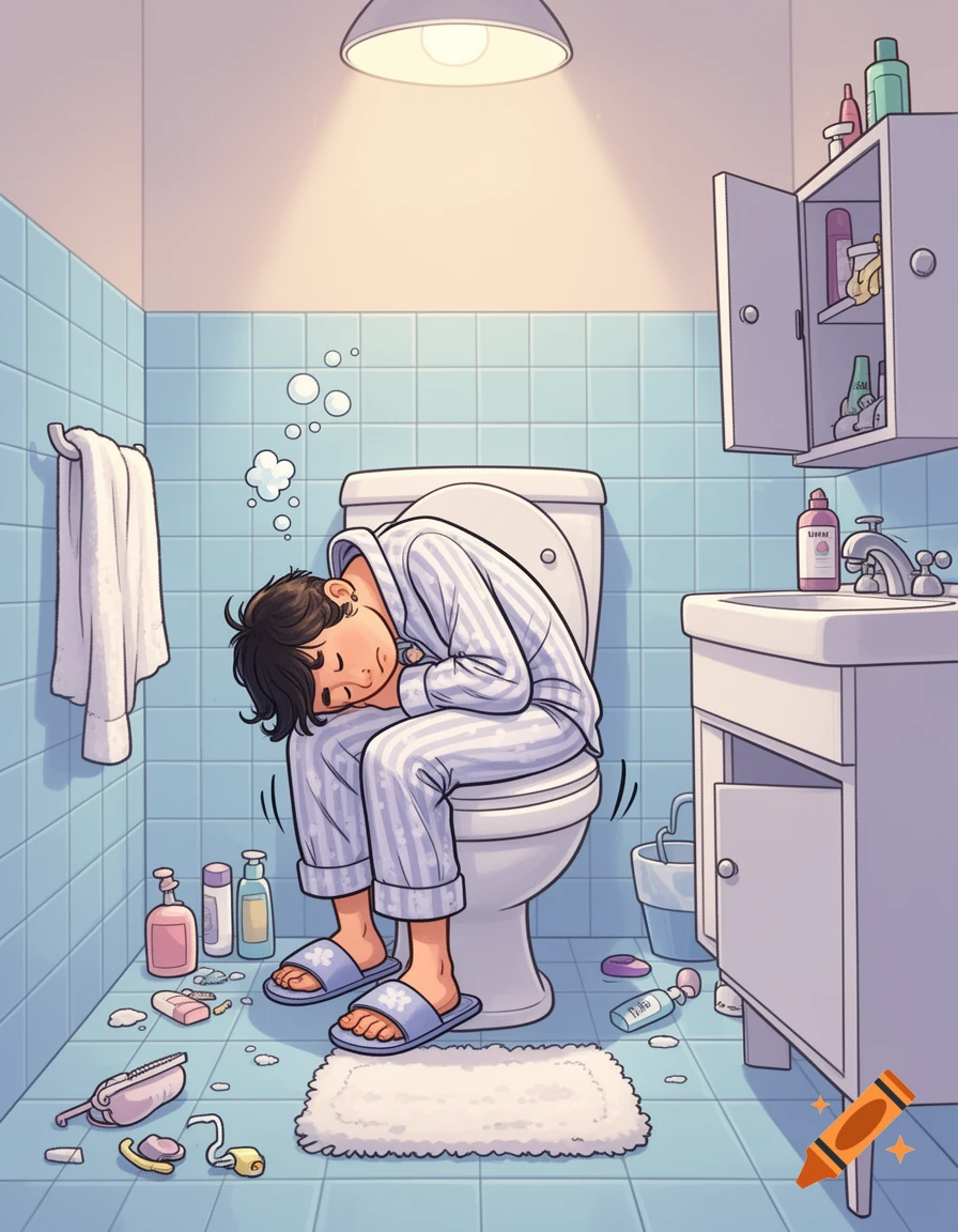Cartoon illustration of a person sleeping while sitting on a toilet in a blue tiled bathroom.
