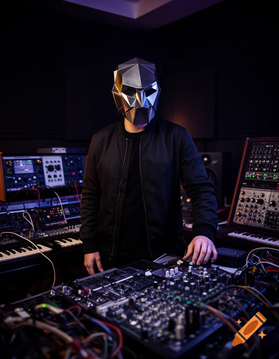 A DJ wearing a geometric chrome mask and a black jacket, standing behind a mixing console and synthesizers in a recording studio.