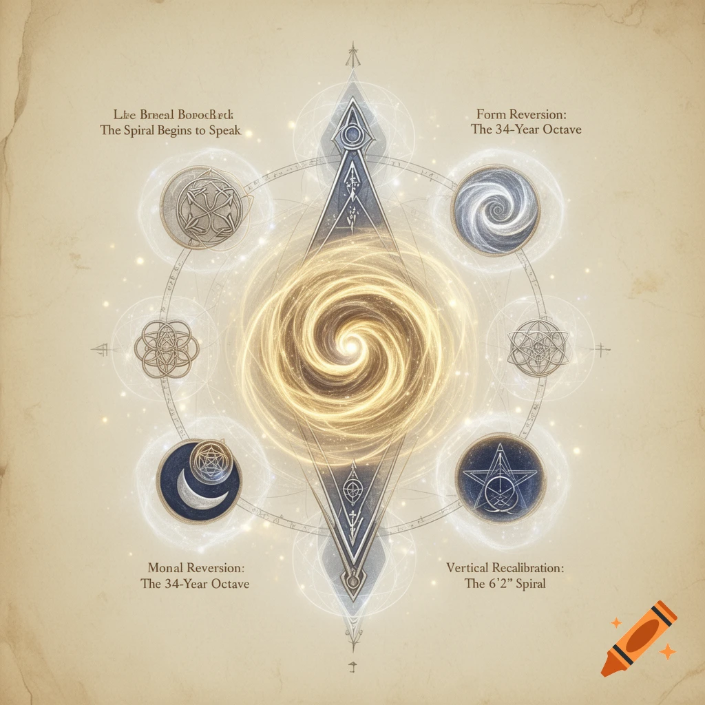 Ancient codex page showing a central golden spiral vortex surrounded by sacred geometry, astrological symbols, and cryptic text labels.